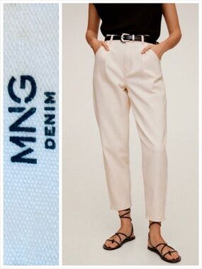 Mango Jeans Denim Cream High-Waist Tapered pockets 8 casual relaxed ankle length
